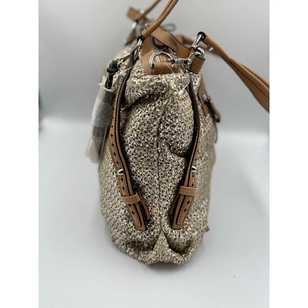Jessica Simpson Christina Satchel Shoulder Bag Tan Straw Faux Leather Tassel NWT